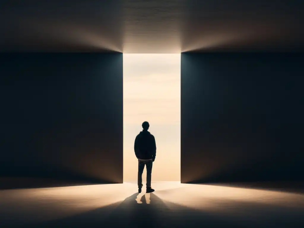 Resiliencia en la oscuridad: contemplación y esperanza Persona en haz de luz, mirando al horizonte en introspección y esperanza