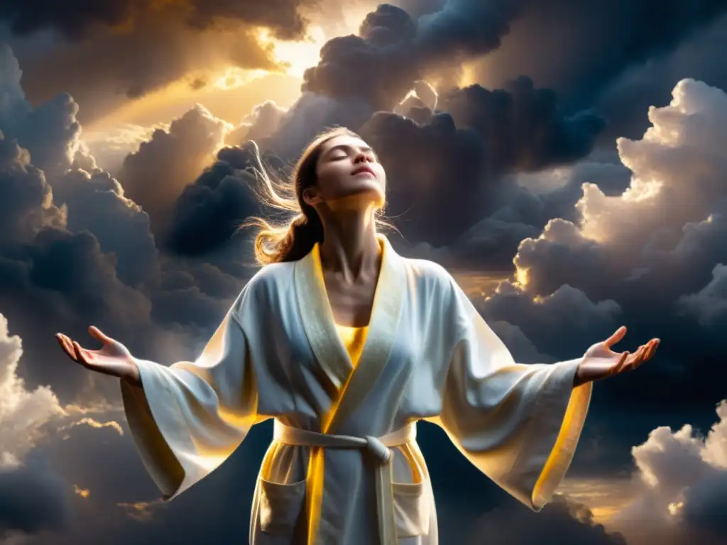 Figura en luz dorada entre nubes oscuras: serena fortaleza interior Persona en haz de luz con los ojos cerrados, rodeada de nubes oscuras y luz dorada, vistiendo túnica blanca