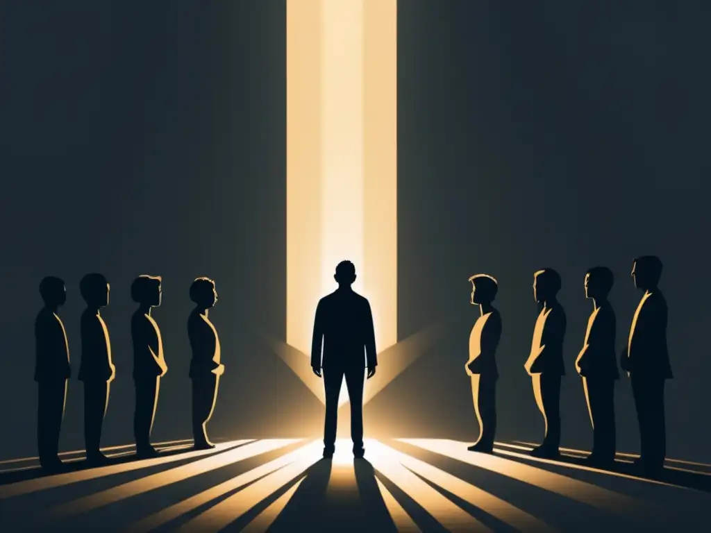 Persona en haz de luz rodeada por figuras sombrías, evocando la manipulación psicológica en cultos