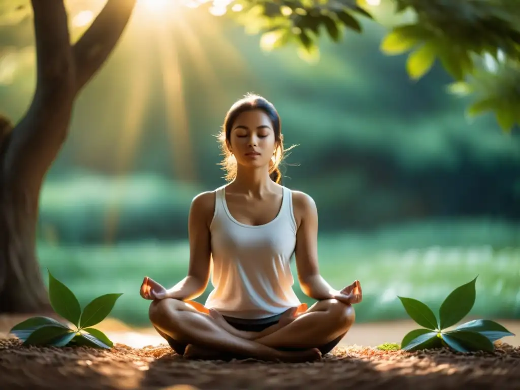 Meditación serena: Renovación espiritual y paz interior Persona meditando en luz cálida rodeada de naturaleza, evocando sanación de exmiembros de sectas