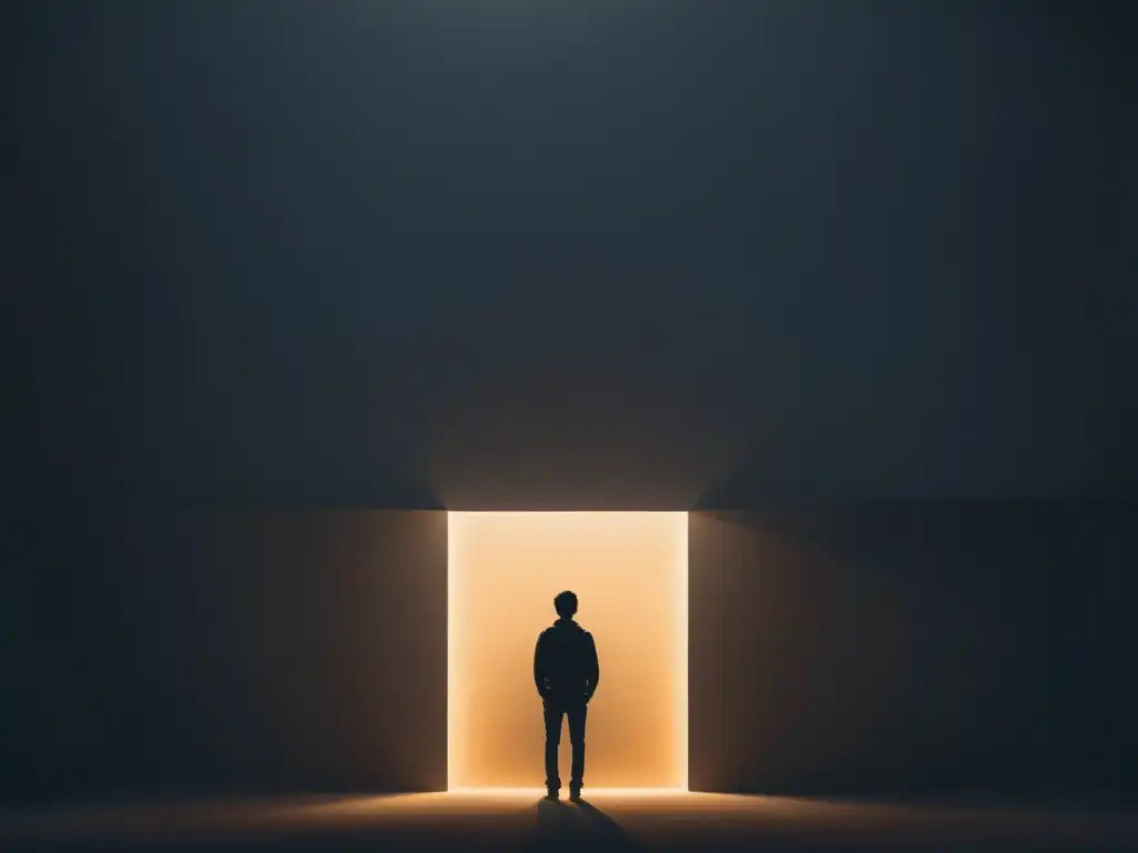 Contemplación en la oscuridad: reflexión serena Persona en haz de luz, rodeada de oscuridad, expresando introspección