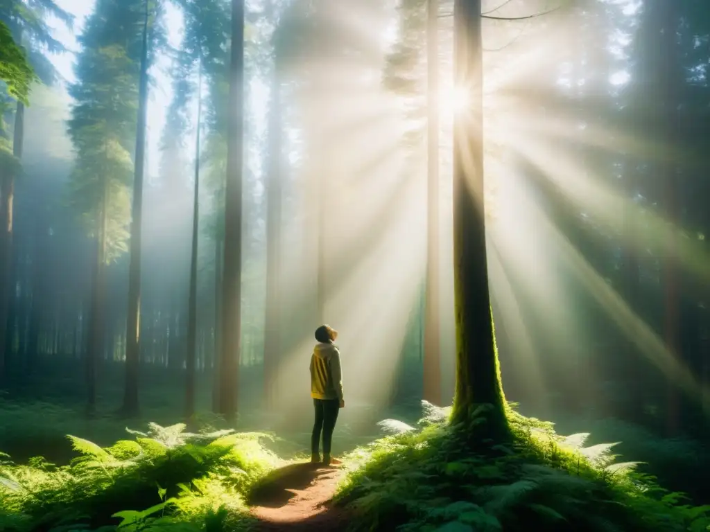 Renacimiento entre árboles: Esperanza y paz en la luz del bosque Persona en luz del bosque, símbolo de esperanza tras manipulación psicológica en sectas