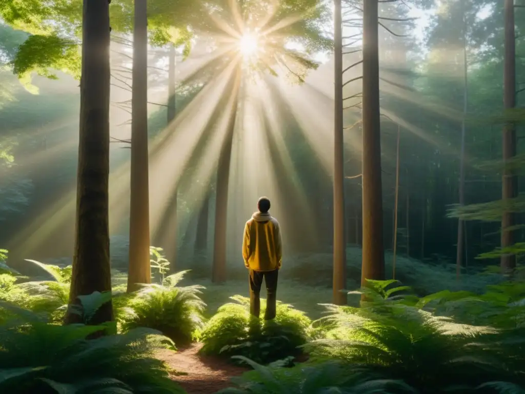 Figura en la luz dorada: esperanza y tranquilidad en el bosque Persona en la naturaleza, rodeada de árboles altos y luz dorada