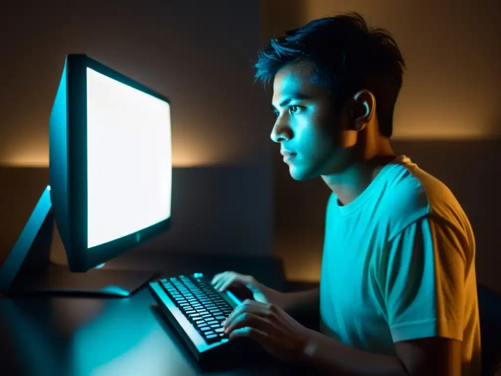 Cybersectas: fascinación y peligro en la red Persona en penumbra frente a pantalla de computadora, reflejo de fascinación y temor, evocando la intensidad de las cibersectas