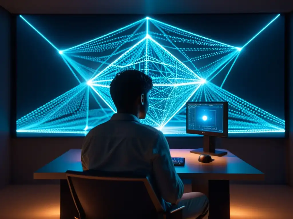 Enigma digital: persona iluminada por pantalla misteriosa Persona en la penumbra frente a pantalla de computadora con red oscura, creando atmósfera misteriosa y ominosa