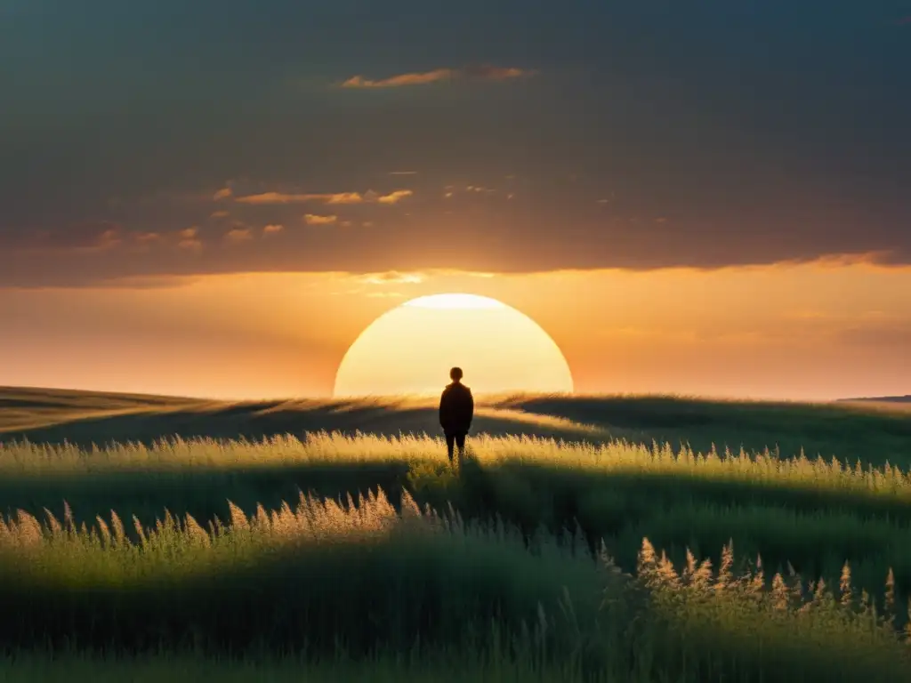 Reflexión al atardecer: soledad y resiliencia en la naturaleza Persona de pie en un campo abierto al atardecer, rodeada de hierba alta