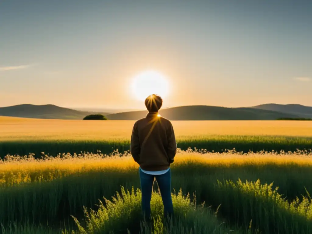 Renacimiento en libertad: persona en campo soleado Persona de pie en un campo, rostro al sol, irradiando paz y esperanza