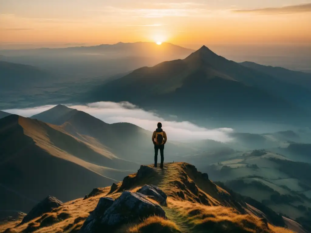 Serena fortaleza: silueta solitaria en la cima Una persona de pie en la cima de una montaña, mirando un paisaje impresionante al atardecer