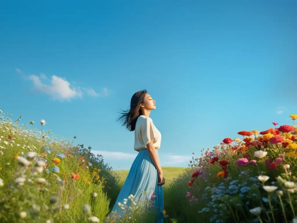 Persona en prado tranquilo, rodeada de flores vibrantes y cielo azul, transmite paz