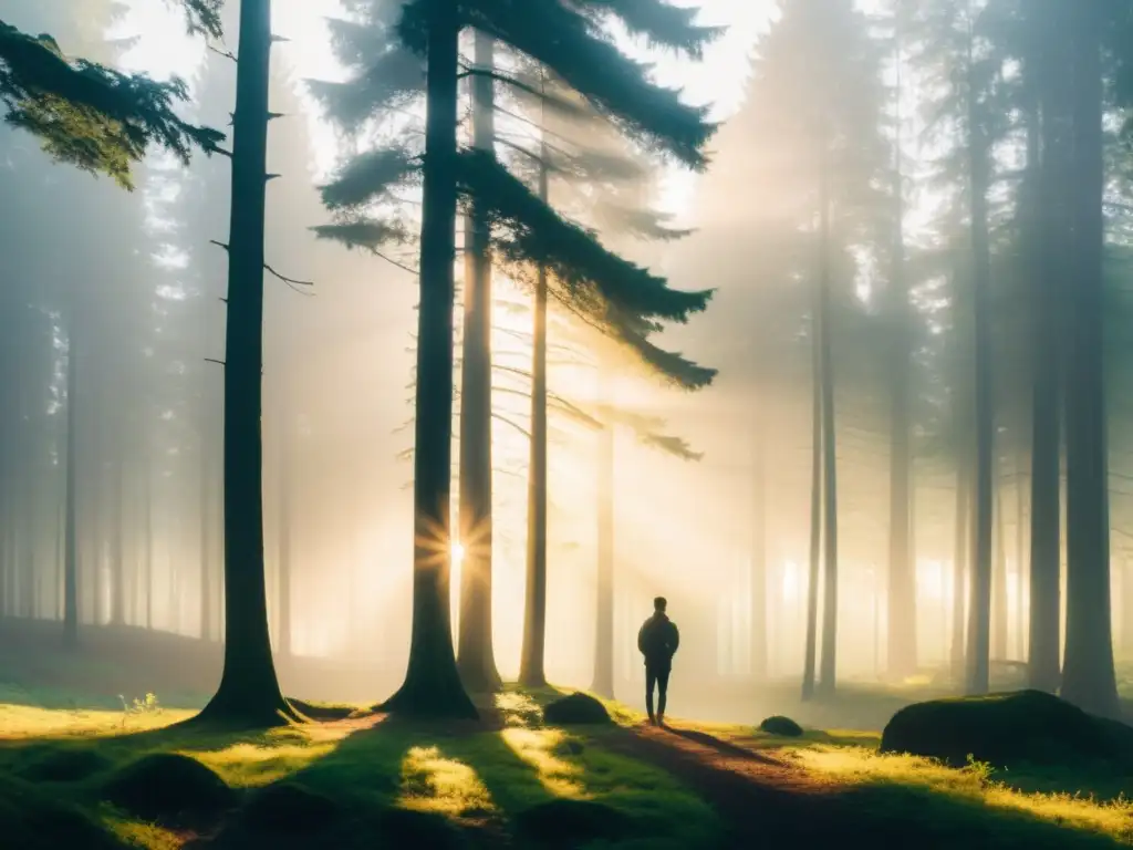 Persona reflexiva en el borde del bosque, evocando fortaleza y paz