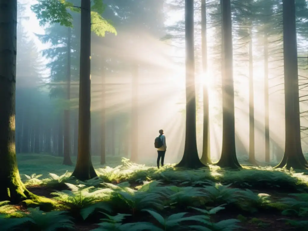 Persona reflexiva en el borde del bosque, contemplando la transición de la oscuridad a la luz
