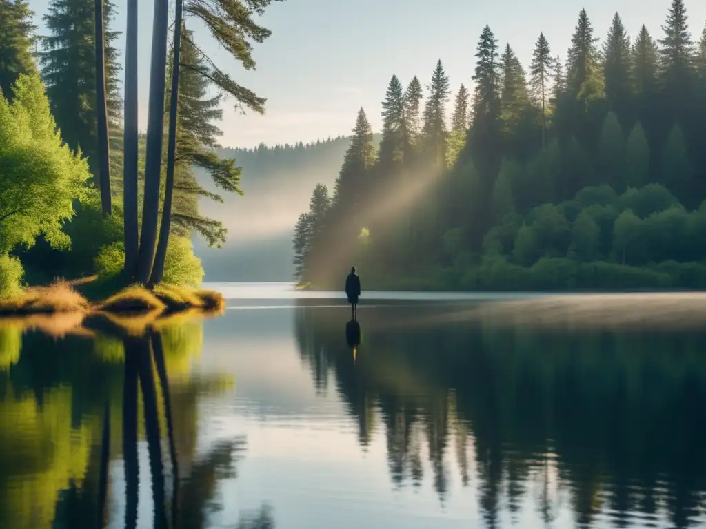 Persona reflexiva junto al lago, rodeada de árboles altos con luz filtrándose