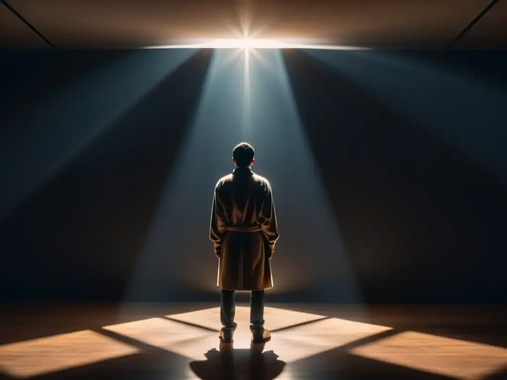 Persona reflexiva en haz de luz, rodeada de oscuridad, evocando lucha interna y liberación de tácticas psicológicas para abandonar culto