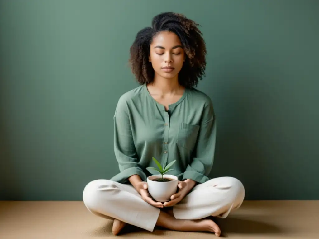 Persona en meditación rodeada de elementos tranquilos, evocando introspección y paz