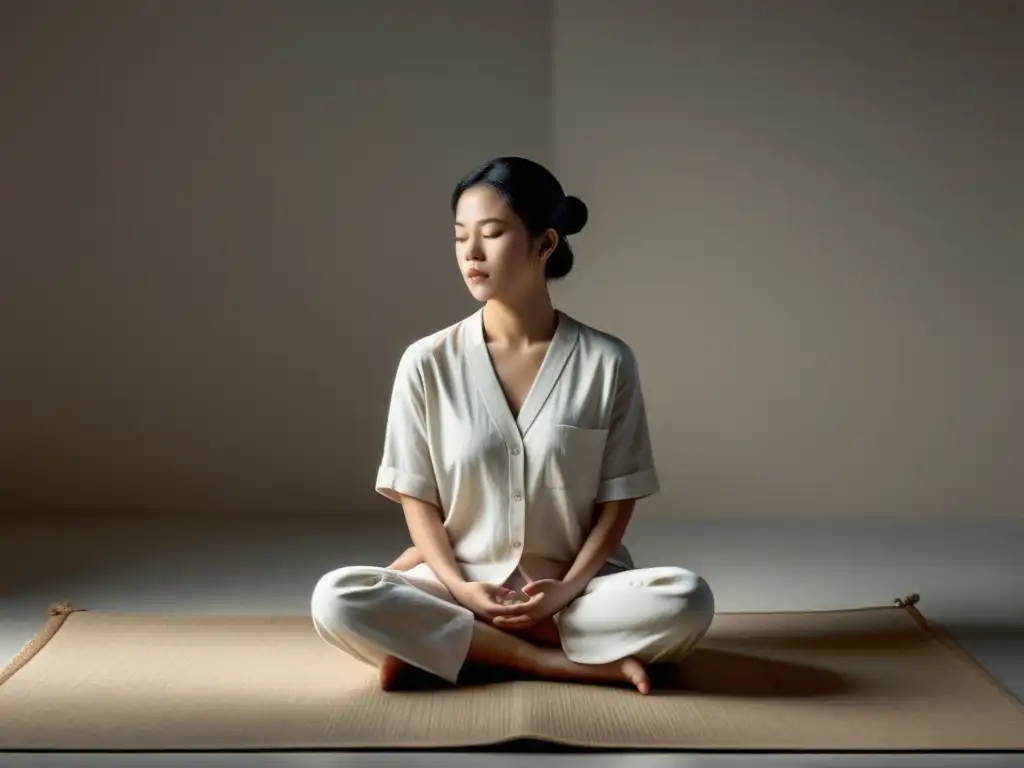 Mediación serena: persona en paz bajo luz suave Persona en meditación, rodeada de luz suave
