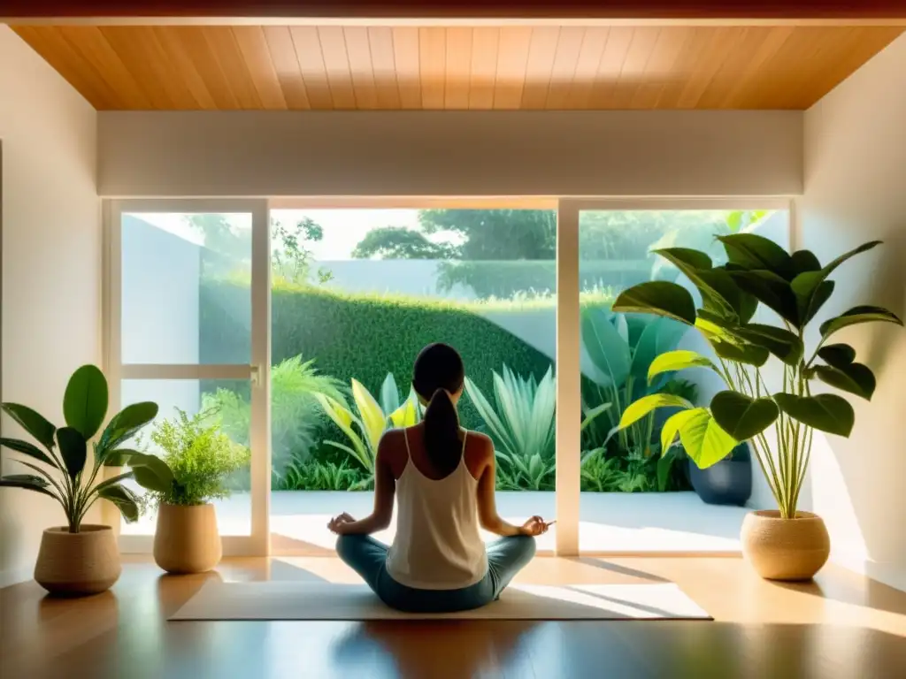 Una persona en meditación, rodeada de plantas en un ambiente tranquilo y soleado