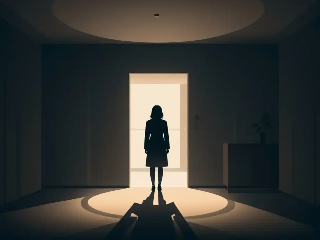 Persona sola en una habitación sombría, con sombras que se alargan en las paredes