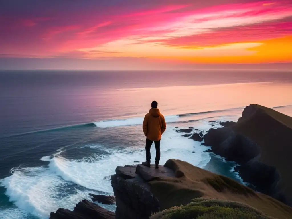 Persona solitaria en acantilado contemplando el atardecer sobre el mar