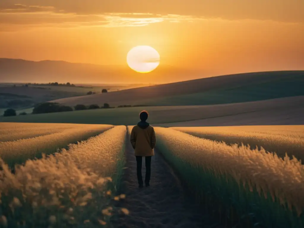 Persona solitaria contemplando el atardecer en un campo vasto, evocando protección