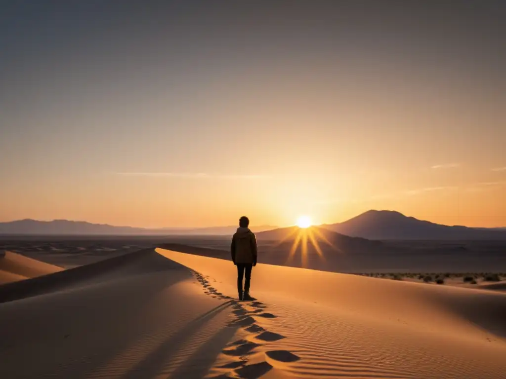 Solitaria introspección en un desierto dorado Persona solitaria en desierto, atardecer dorado