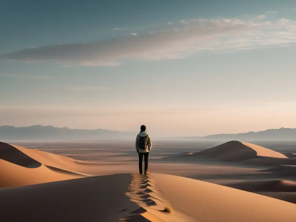 Desolación: En busca de la libertad interior Persona solitaria en el desierto, mirando hacia el horizonte