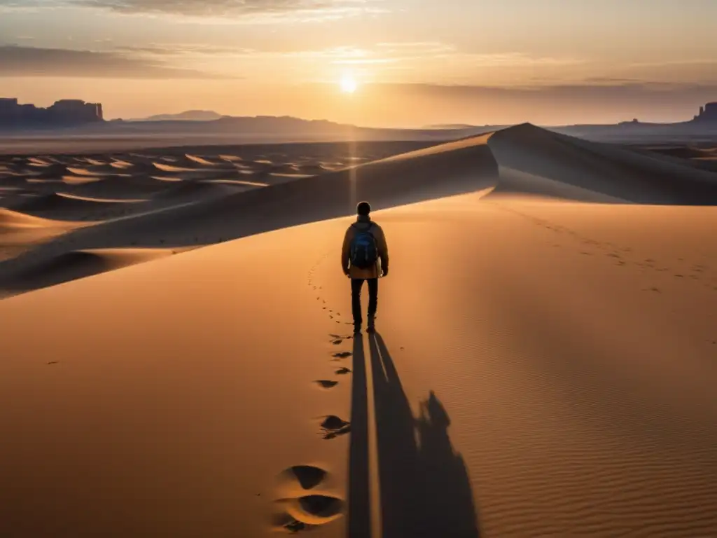 Figura solitaria en desierto al atardecer Persona solitaria en un desierto vasto al atardecer, resaltando la vulnerabilidad y la búsqueda de significado