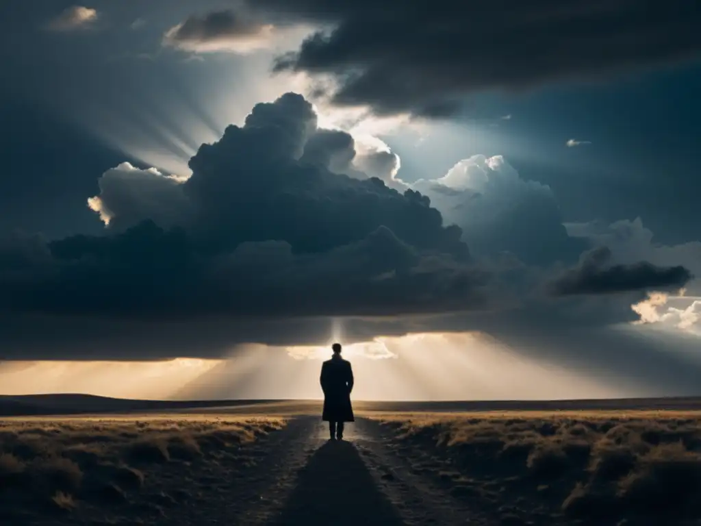 Persona solitaria reflexiona bajo luz en paisaje desolado, evocando el rol del sufrimiento en sectas