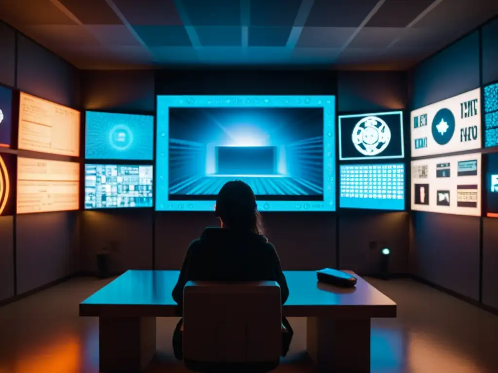 Emoción digital: aislamiento y fascinación en la oscuridad Persona solitaria rodeada de imágenes digitales, reflejando fascinación, miedo y aislamiento