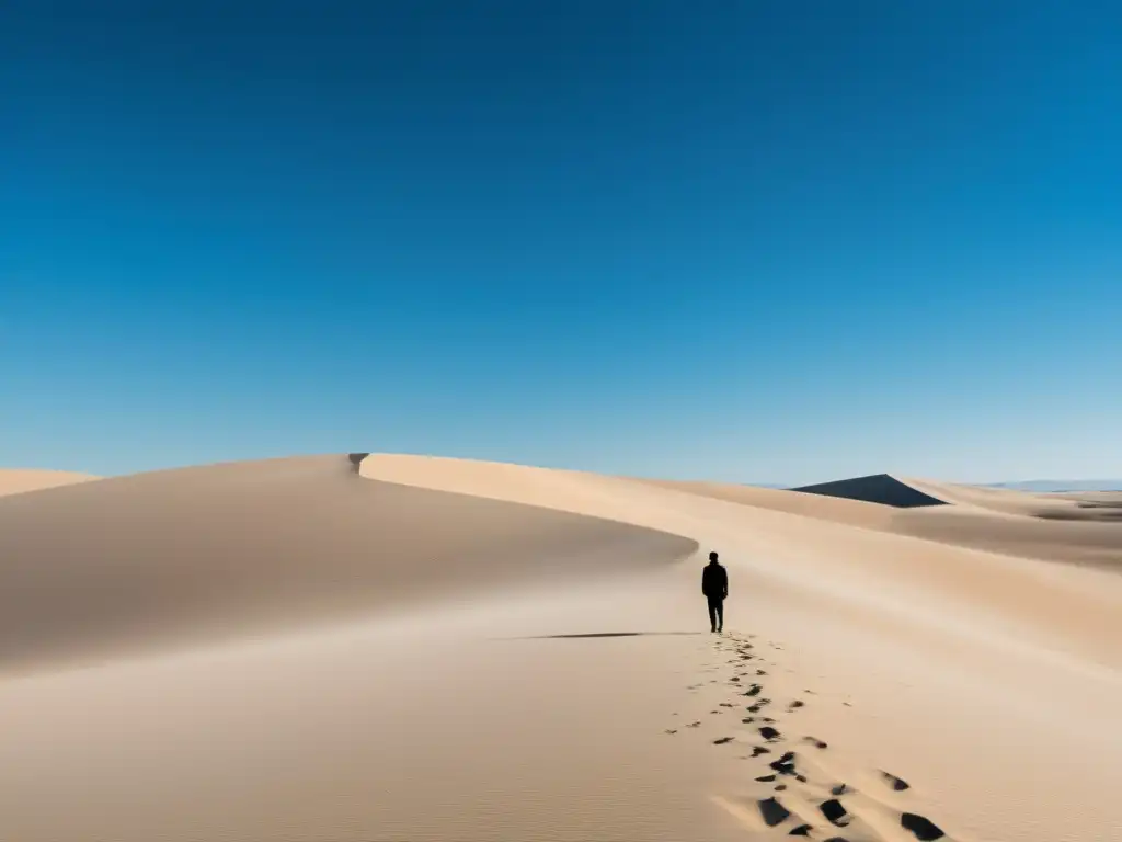 Autonomía en la soledad del desierto: imagen minimalista Una persona solitaria en un vasto desierto bajo un cielo azul