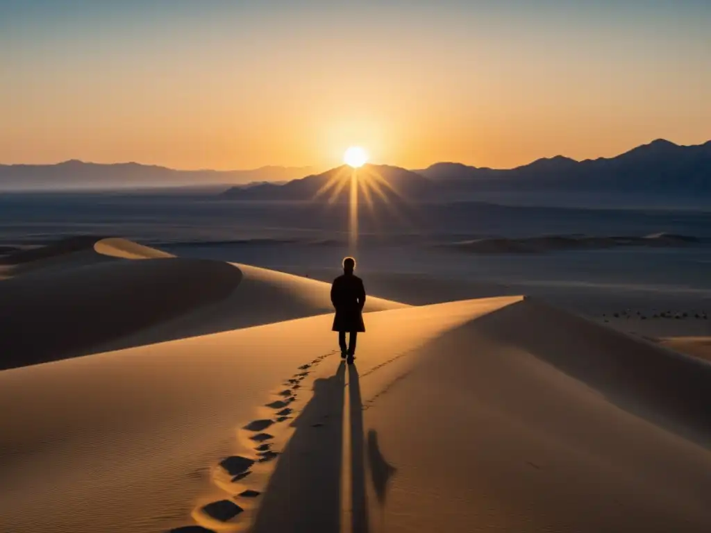 Una persona solitaria en un vasto desierto al atardecer, proyectando una sensación de aislamiento y reflexión