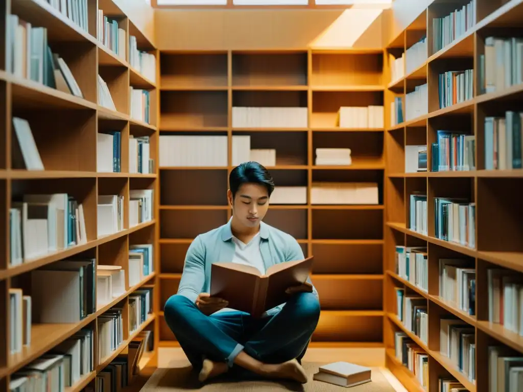 Persona tranquila leyendo en una habitación llena de libros
