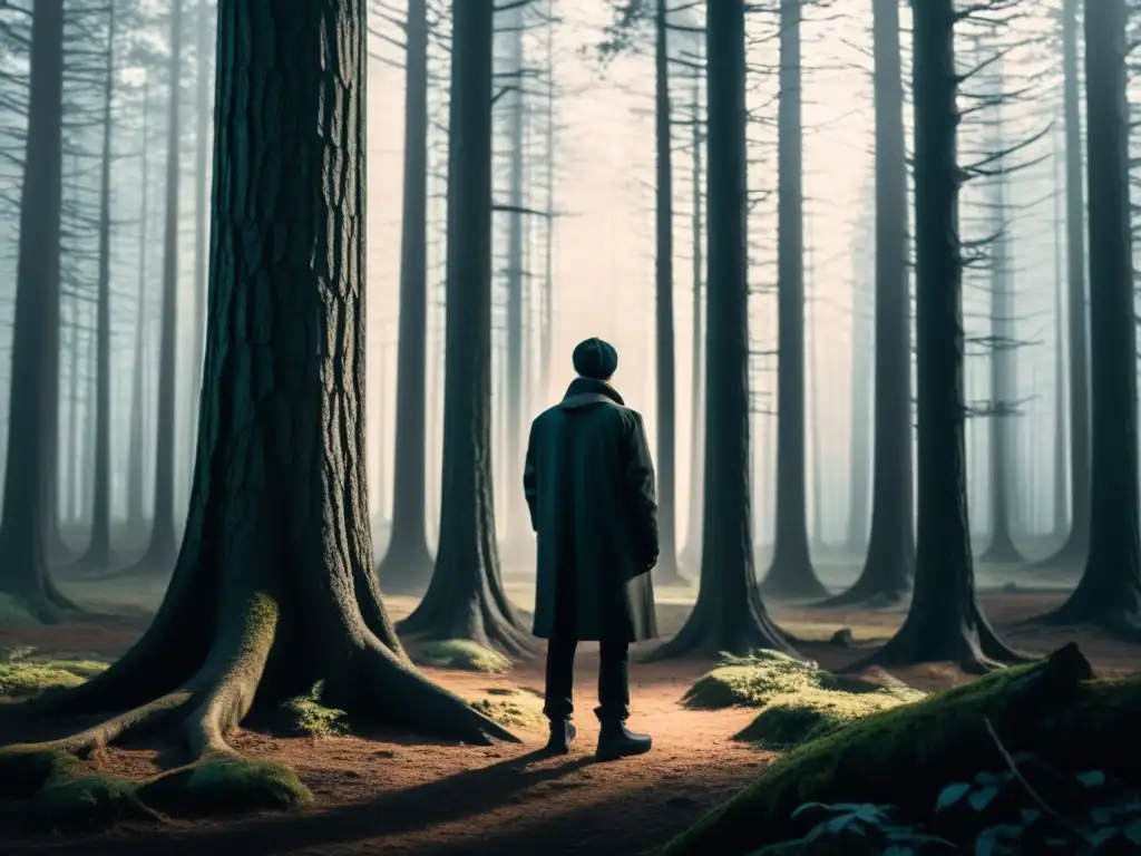 Persona vulnerable en un bosque ominoso, reflejando manipulación psicológica en cultos