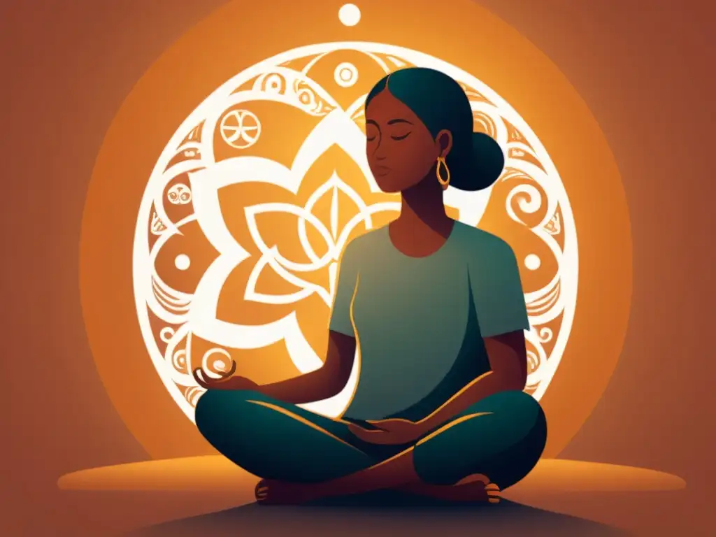 Serena meditación: descubrimiento espiritual y paz interior Personaje en meditación rodeado de símbolos espirituales, reflejando paz interior