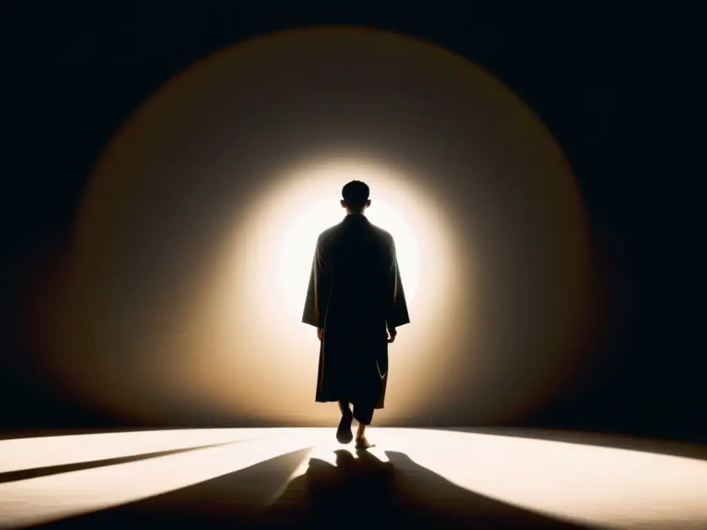 Superación y liberación: la fuerza de salir de las sombras Un personaje emerge de las sombras con determinación, simbolizando la liberación y superación de una secta