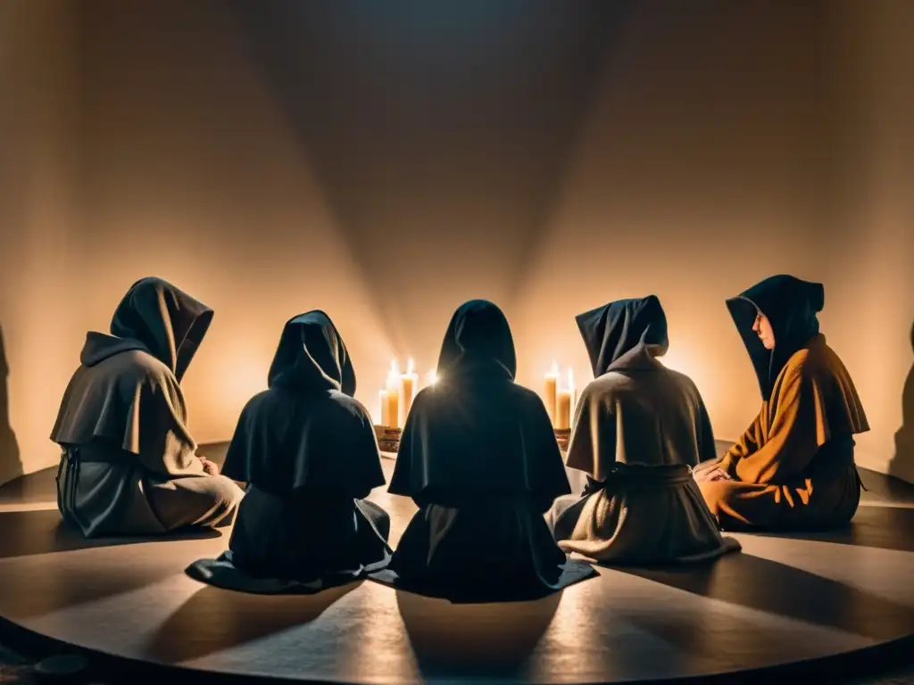 Grupo en misterioso ritual con vela Personas en círculo con capuchas, manos unidas, luz de vela