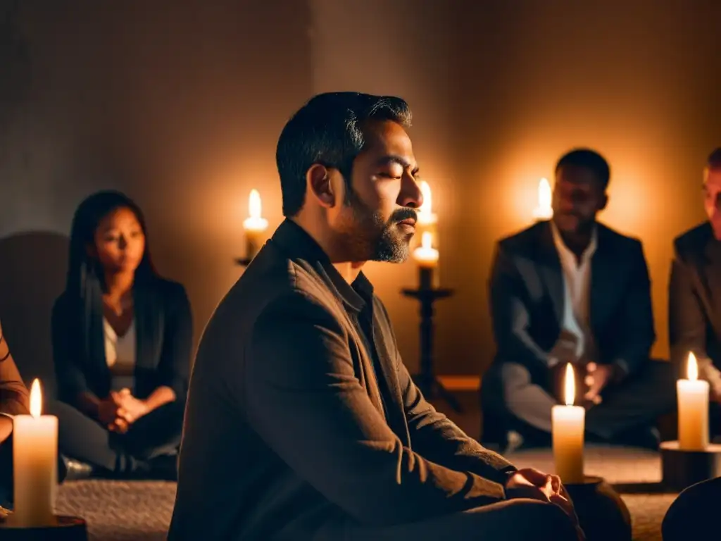 Personas en círculo con líder carismático, luz tenue de velas, expresiones devotas