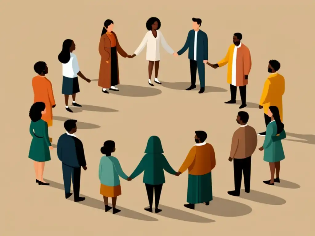 Circle of Unity: Ilustración minimalista de diversidad e inclusión Personas diversas en círculo, unidas y mirando hacia afuera, simbolizando la inclusividad y el rol de género en sectas