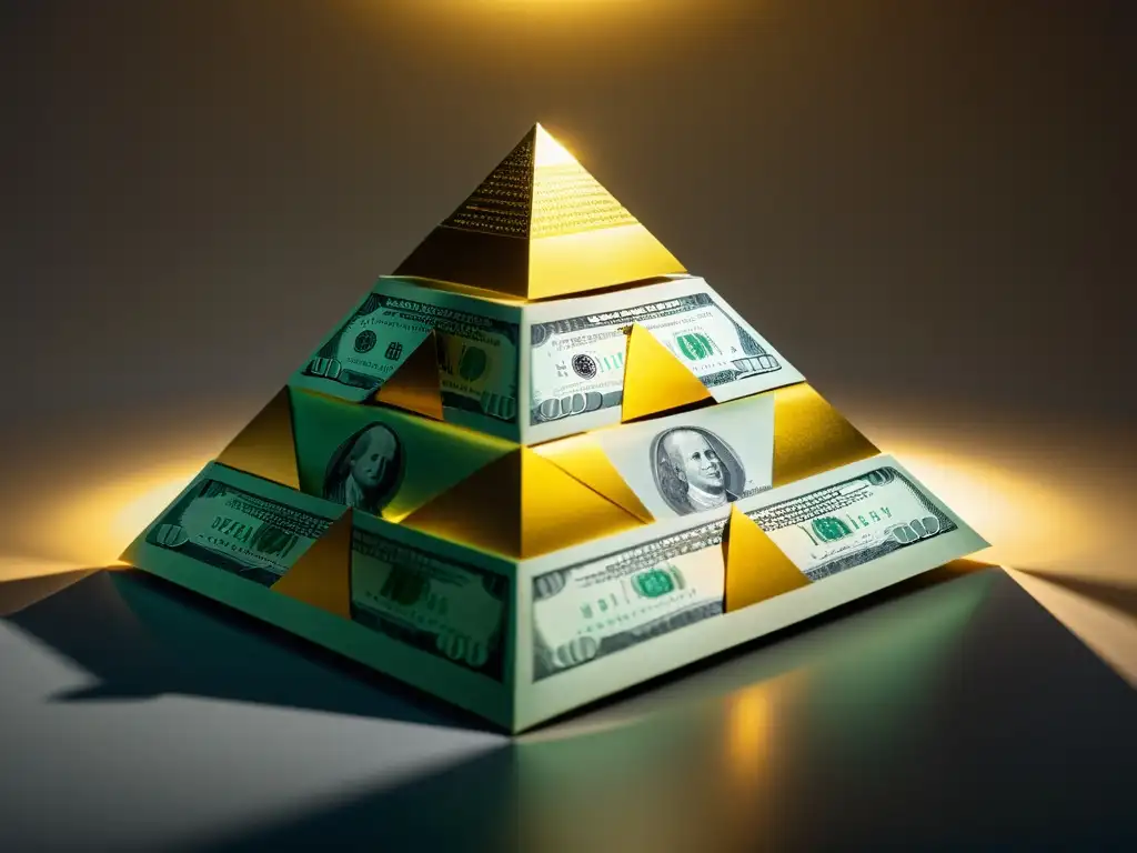 Pirámide de billetes dorados: jerarquía financiera en cultos y sectas Una pirámide de billetes entrelazados con un resplandor dorado en el centro, simbolizando el modelo de negocio de sectas