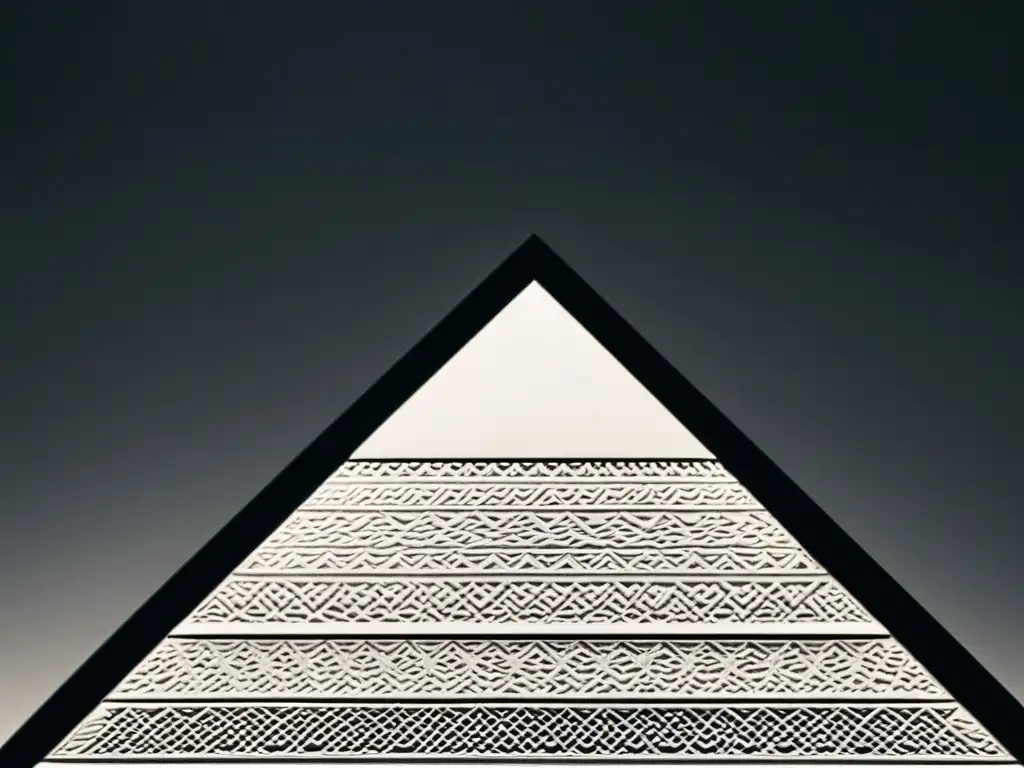 Pirámide geométrica: precisión y elegancia en blanco y negro Una pirámide geométrica en blanco y negro, exudando jerarquía y roles en cultos con su elegante precisión y minimalismo