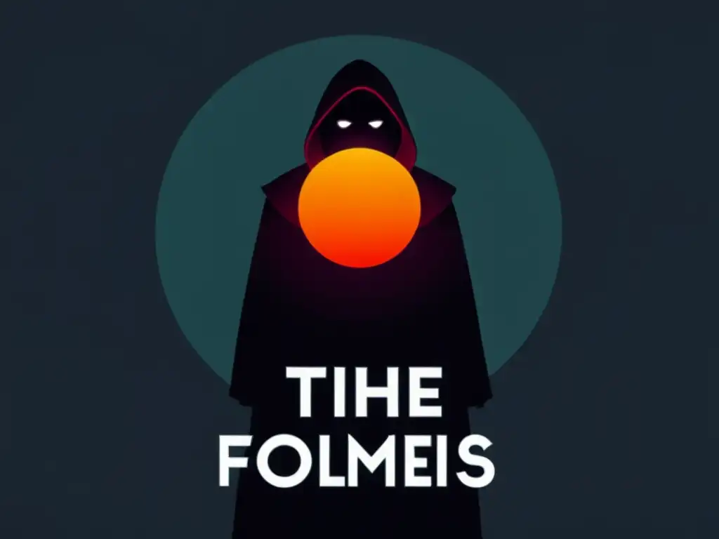 Revela la verdad oculta detrás de los cultos Poster minimalista de película con figura misteriosa y seguidores en sombras, sosteniendo un orbe brillante