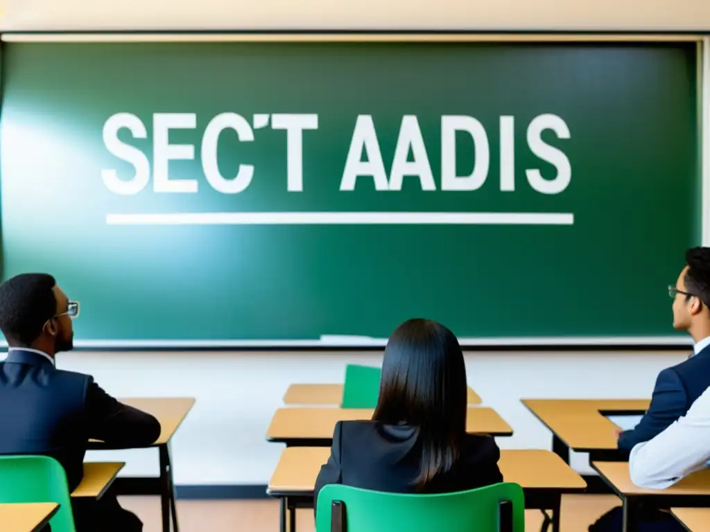 Clase impactante sobre sectas y medios Profesor enseña sobre la influencia de los medios en sectas, fomentando el debate en un aula moderna y luminosa