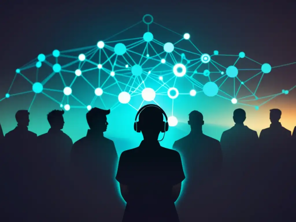 Red de perfiles de cibersectas en la Era Digital: intrincados nodos brillantes en paisaje digital futurista y oscuro