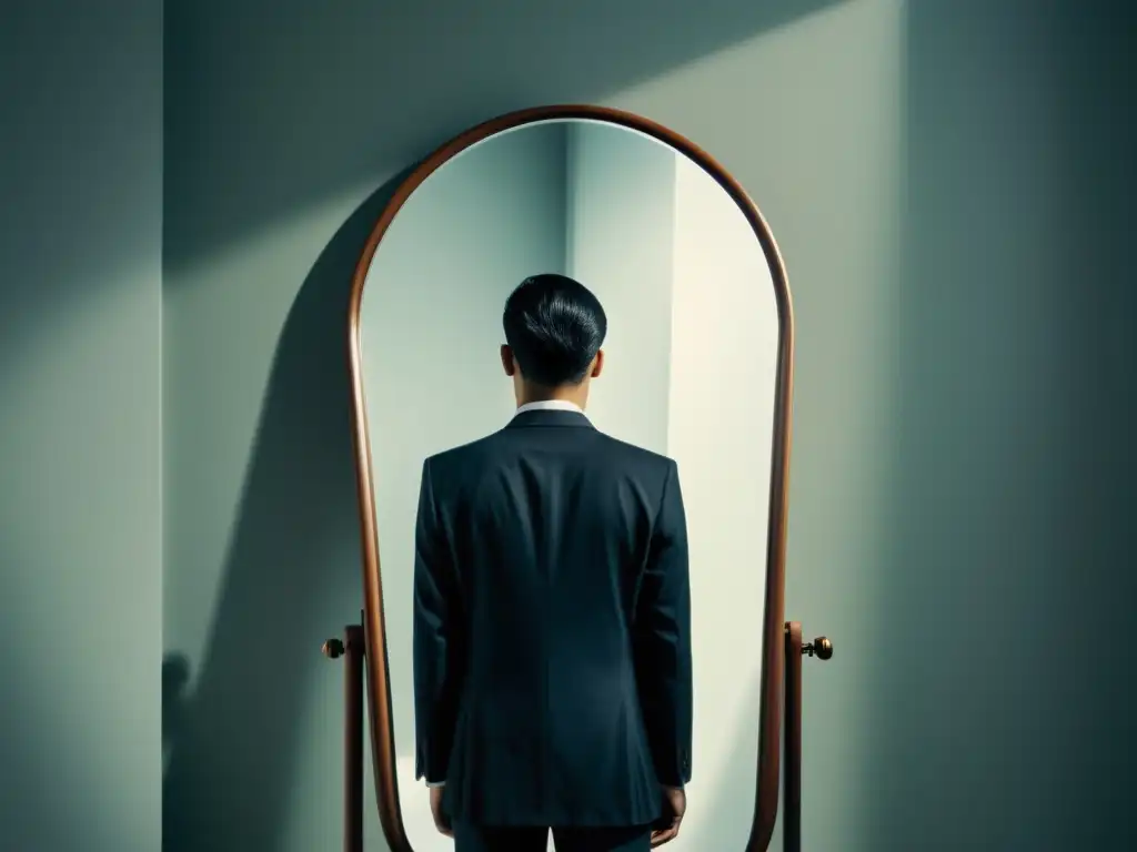Reflejo dual: Identidad en culto Reflejo en el espejo de una persona introspectiva junto a la imagen de un líder carismático