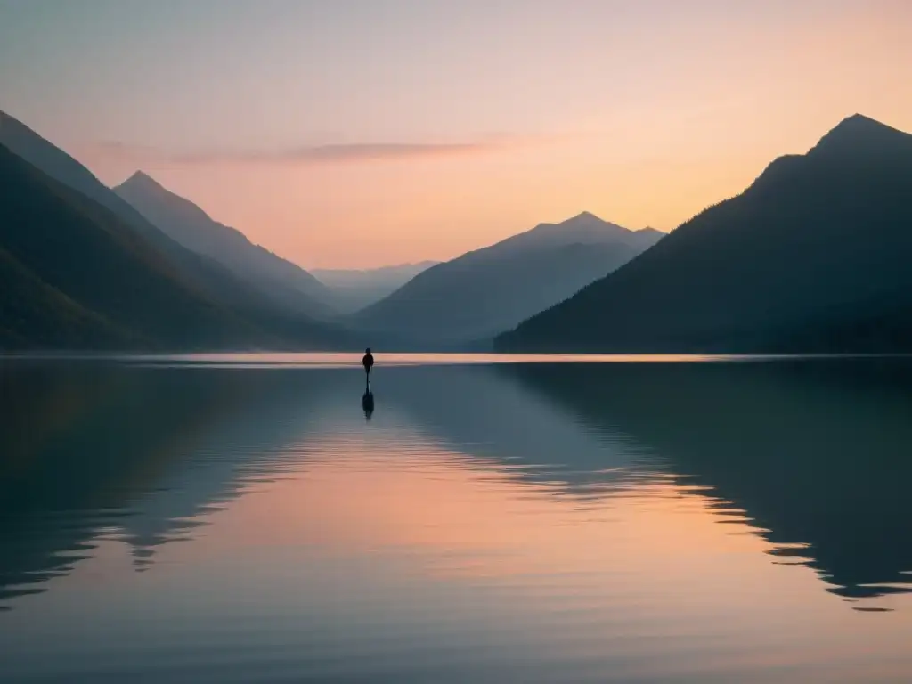 Reflejos serenos: figura solitaria en lago tranquilo Reflejo sereno de montañas en lago tranquilo al atardecer, evocando calma y reflexión