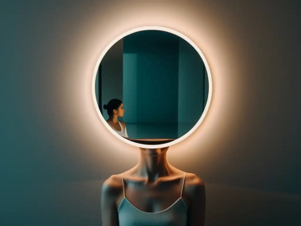 Reflejo de transformación psicológica en cultos Reflexión en el espejo: el impacto de la reinvención del yo en cultos, con emociones complejas de incertidumbre y desesperación
