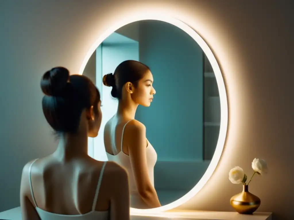 Reflejo de transformación: descubrimiento personal Reflexión serena en el espejo, mostrando la reinvención del yo en cultos