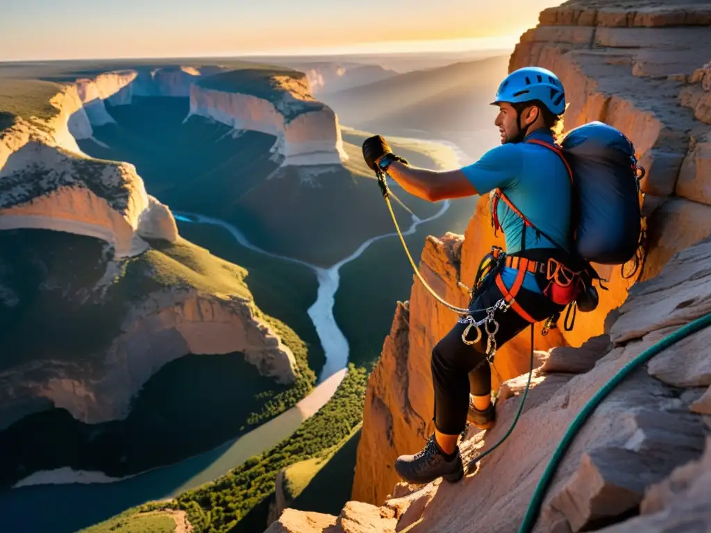 Un rescatista solitario desciende por un acantilado al atardecer, mostrando estrategias de rescate de miembros activos en acción