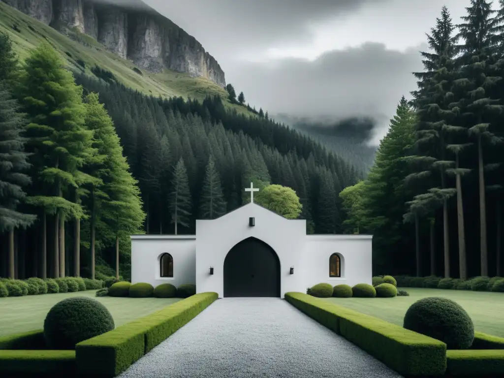 Retiro en las montañas rodeado de árboles altos y cielo nublado, sugiriendo actividades de cultos peligrosos