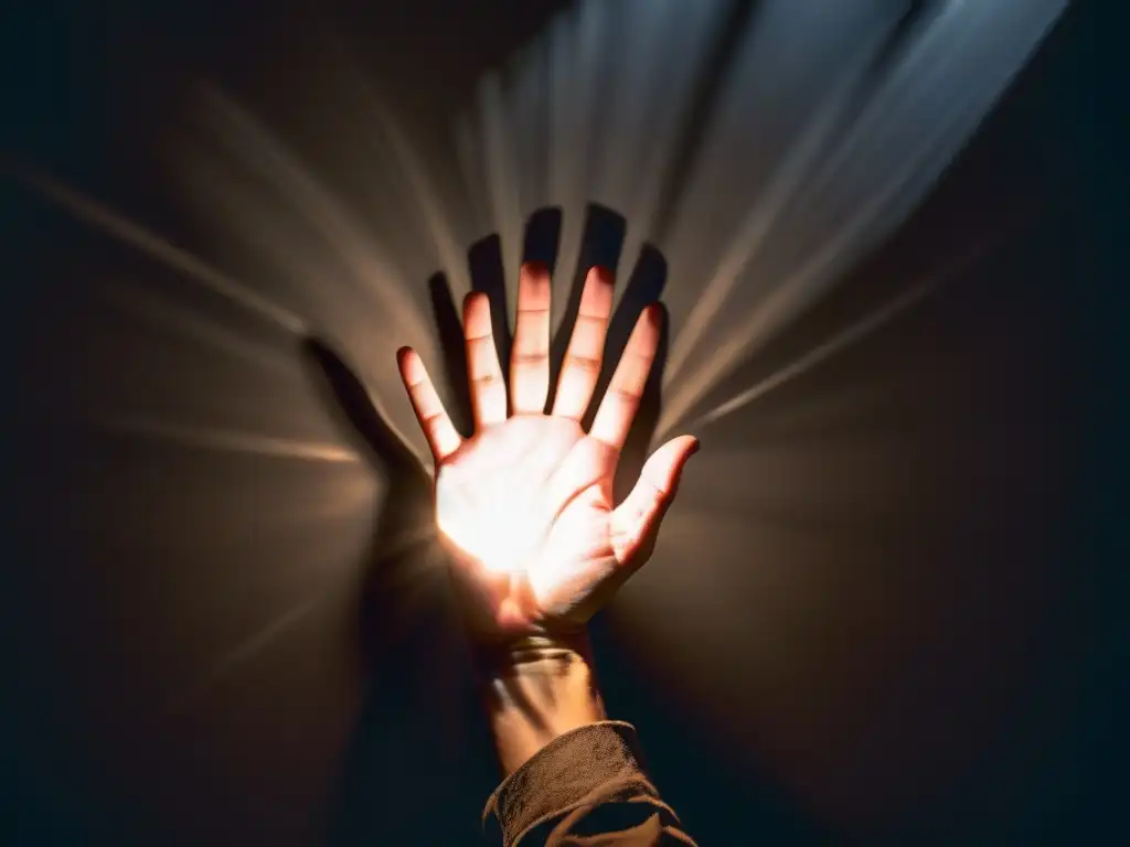 Un retrato detallado de una mano que emerge de la oscuridad hacia un rayo de luz, proyectando sombras intrincadas