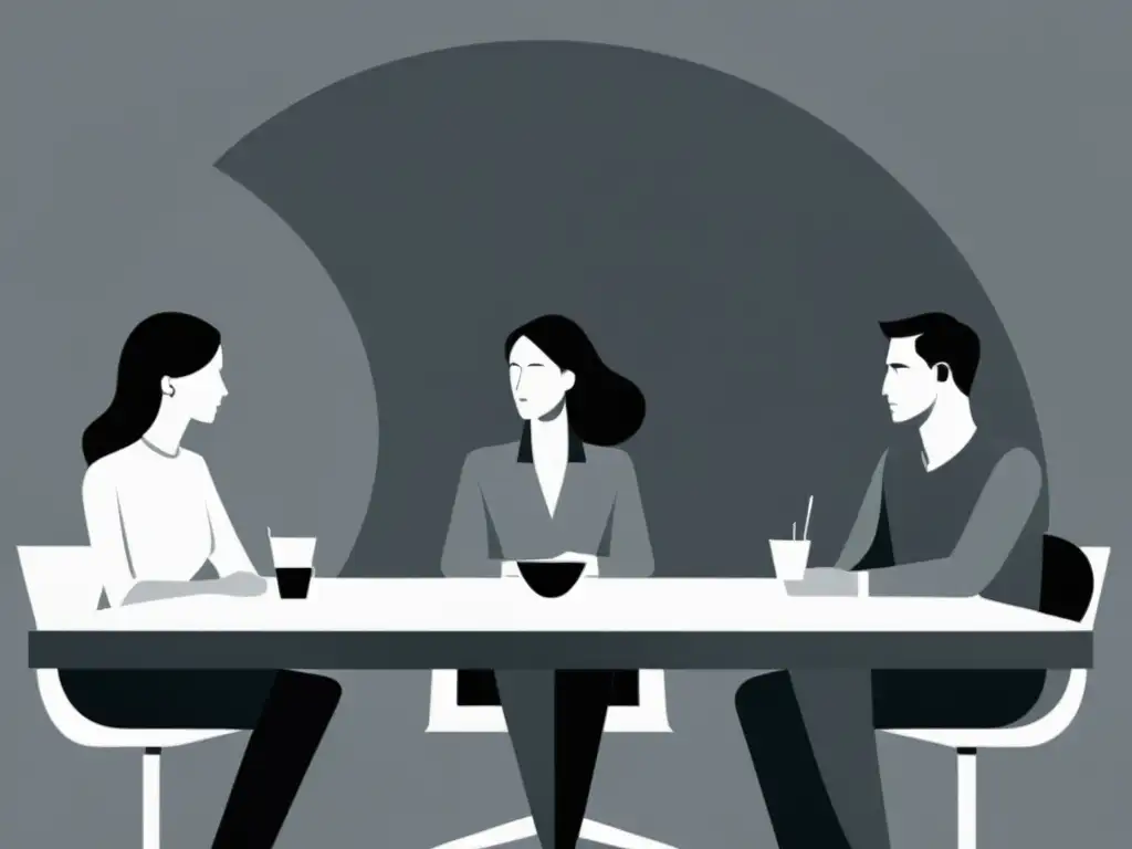 Debate intenso: ilustración minimalista en tonos de gris Reunión intensa alrededor de una mesa